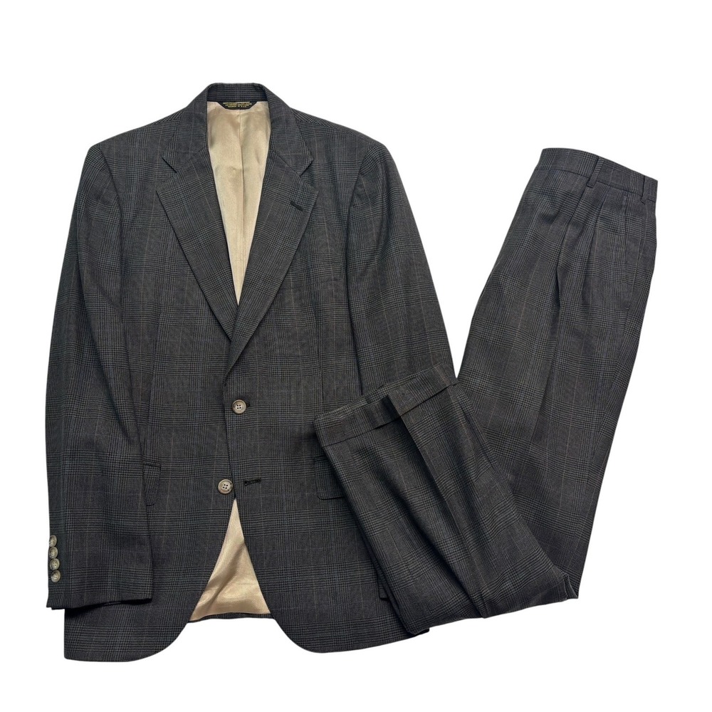 vtg 90s USA Made 38R 32x32 Green Glen Plaid 2pc Pant Suit Wool Pleated Wide Leg